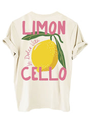 T-shirt dames wit met citroenprint en tekst 'LIMON CELLO' vooraanzicht