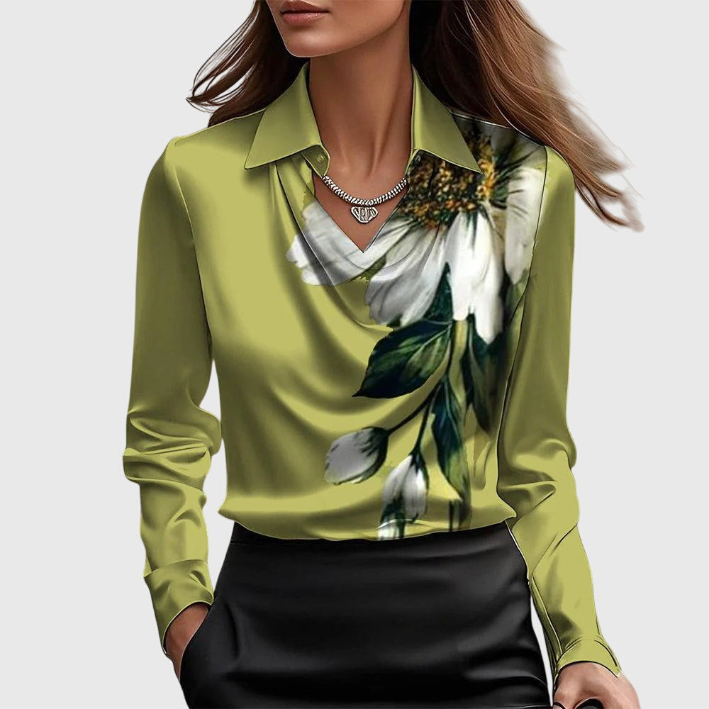 Silk blouse lime green with floral print front view