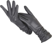 Gray leather gloves front view