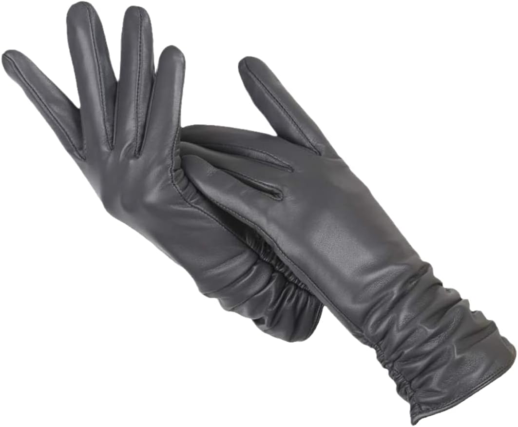 Gray leather gloves front view