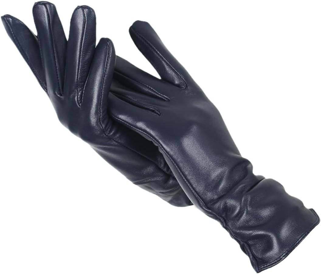 Navy blue leather gloves front view