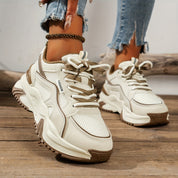 White and beige chunky sneakers with mesh detail side view