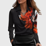 Silk blouse black with red floral print front view
