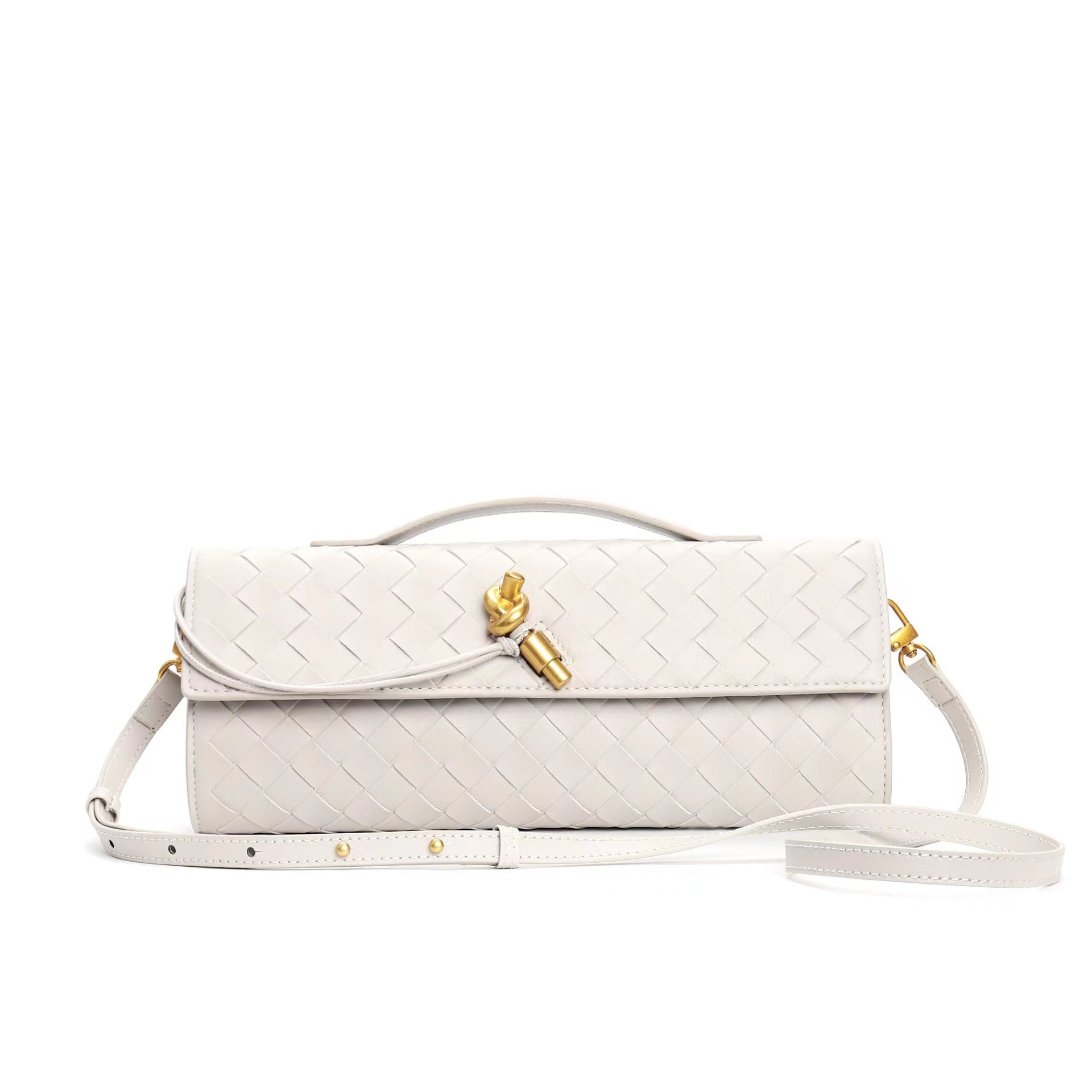 Witte schoudertas met geweven patroon en gouden details, front view