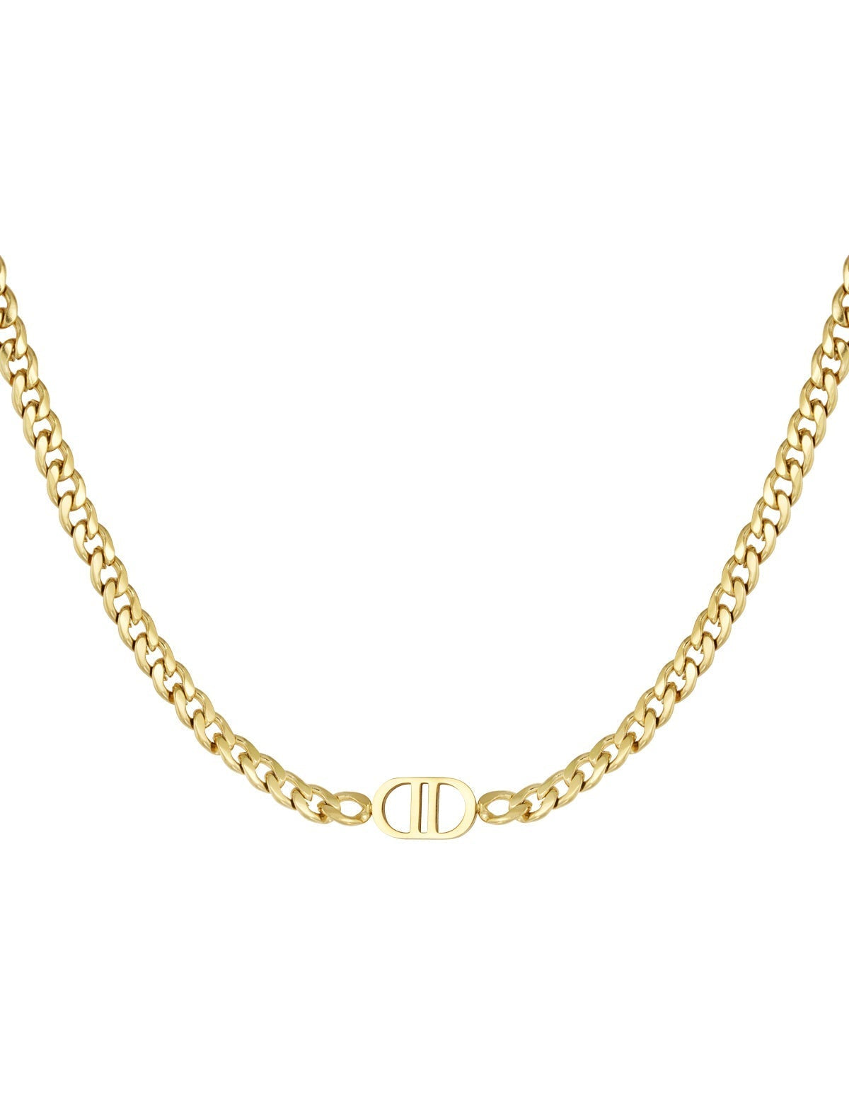Gold chain necklace with intricate pendant front view
