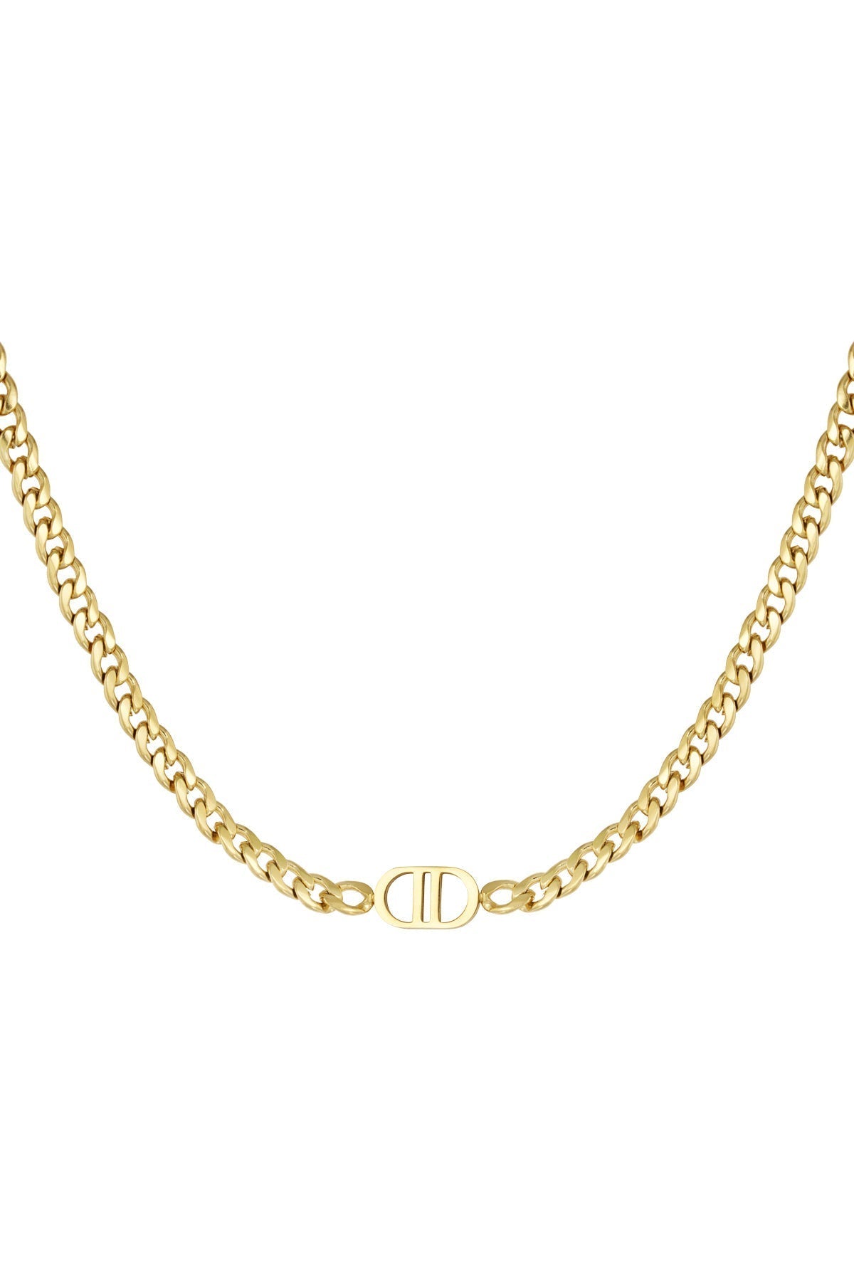 Gold chain necklace with intricate pendant front view