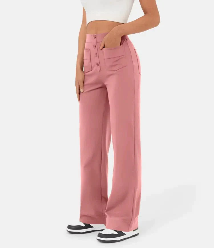 Roze elastische vrijetijdsbroek met hoge taille en zakken, front view