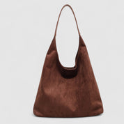 Copper suede hobo bag angled view