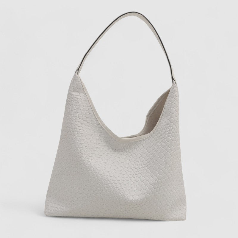 Light gray woven leather hobo bag front view