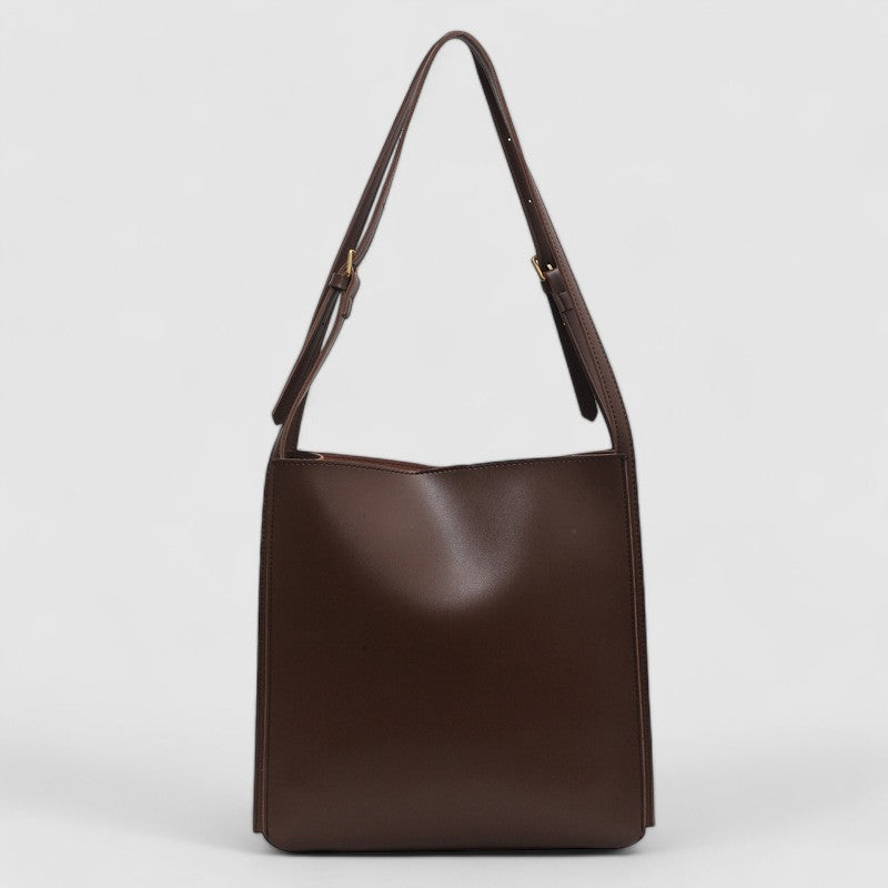 Brown leather shoulder bag front view