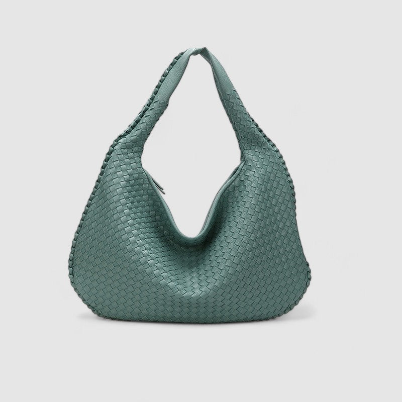 Light blue woven hobo bag front view