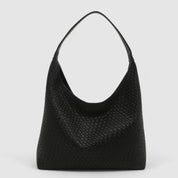 Black woven leather hobo bag front view