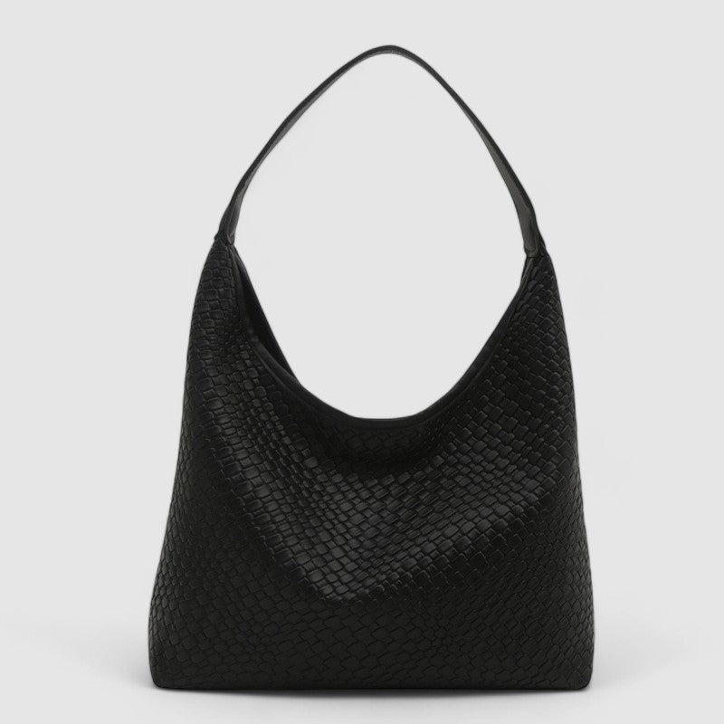 Black woven leather hobo bag front view