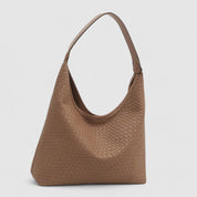 Beige woven leather hobo bag front view