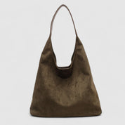 Olive suede hobo bag front view