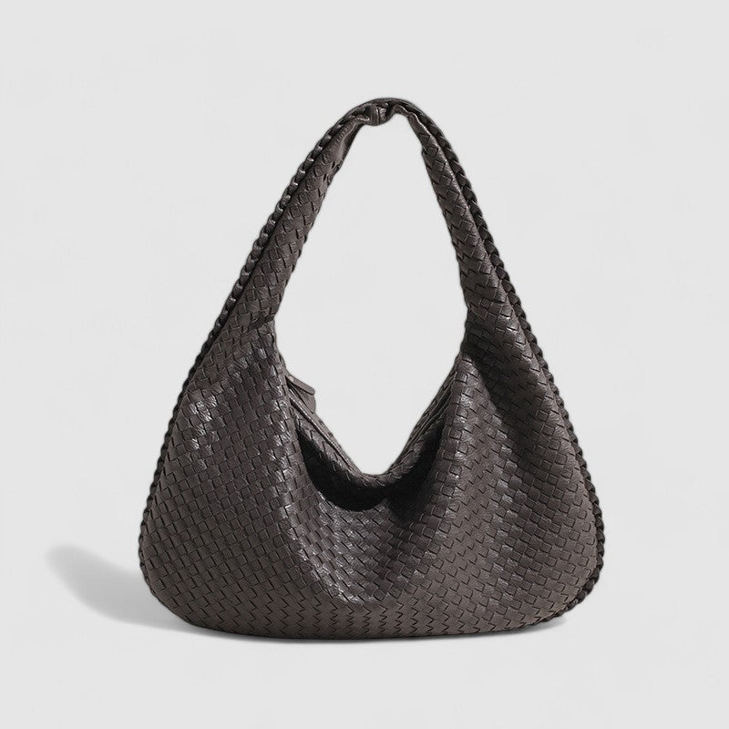 Dark gray woven hobo bag angled view
