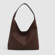 Dark brown woven leather hobo bag front view