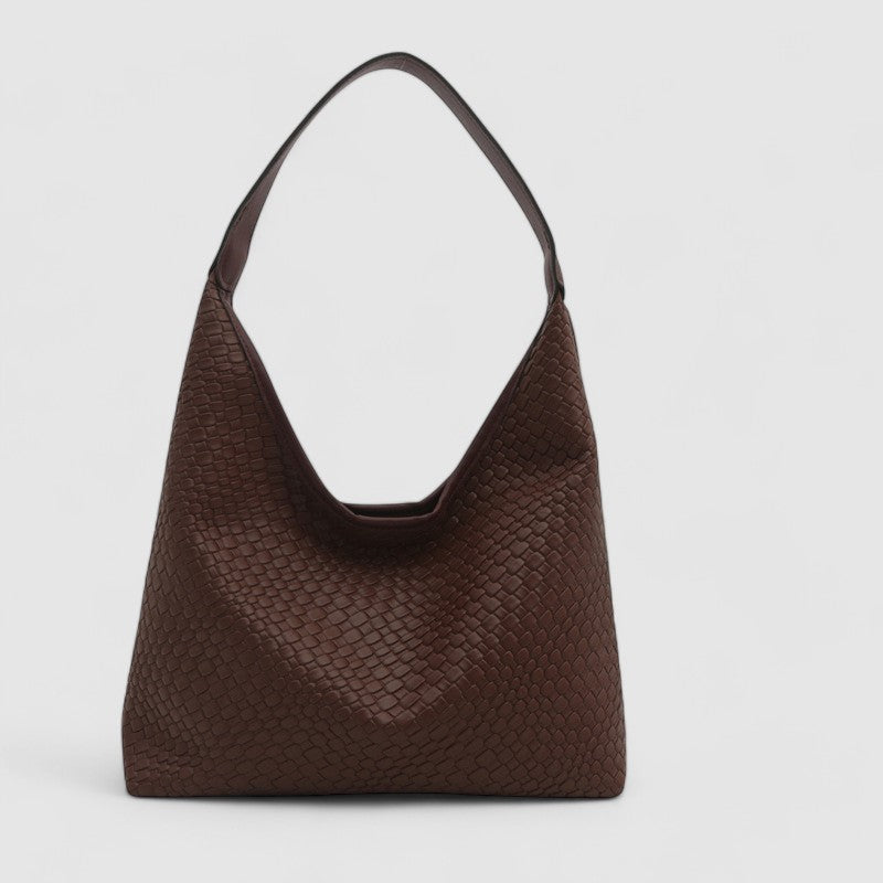 Dark brown woven leather hobo bag front view
