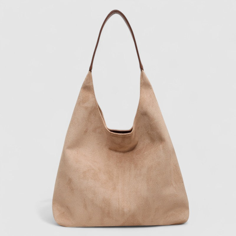 Taupe suede hobo bag front view