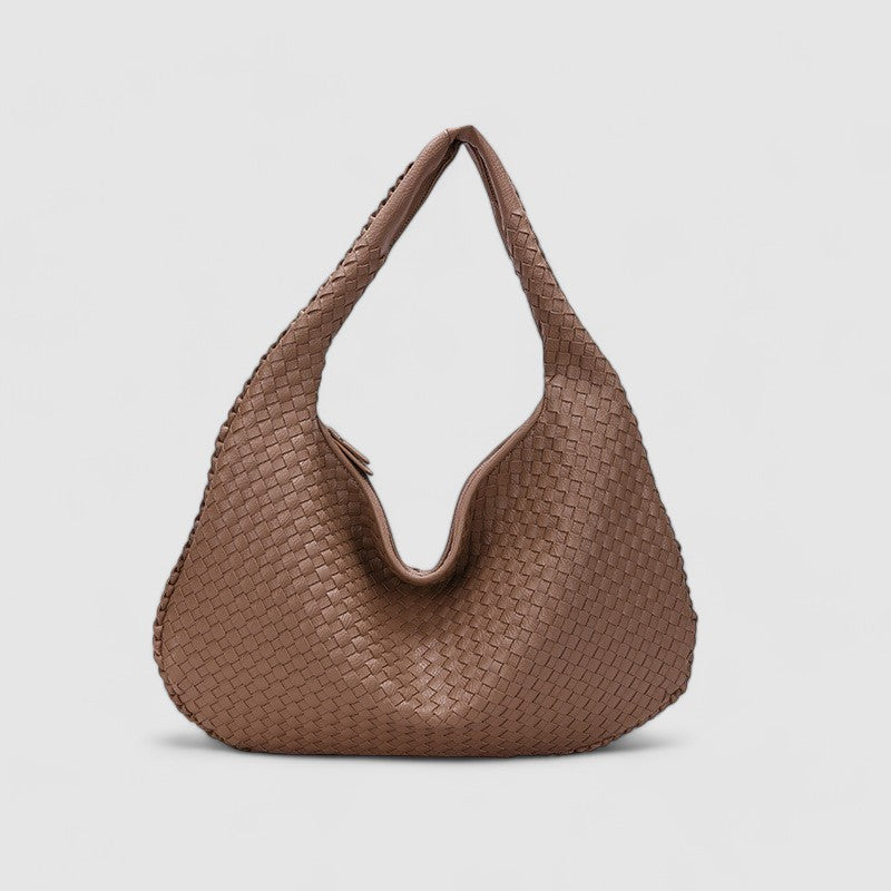 Light brown woven hobo bag front view