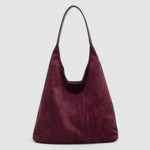 Maroon suede hobo bag front view