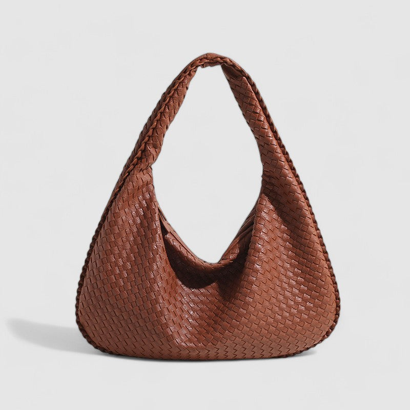 Brown woven hobo bag angled view