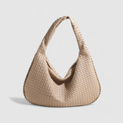 Beige woven hobo bag front view