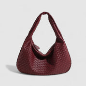Dark red woven hobo bag front view