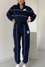 Navy half-zip tracksuit with white stripes front view