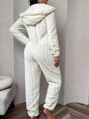 Cream plush onesie with hood and zipper, back view