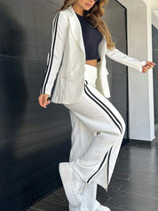 White track suit with black stripes side profile