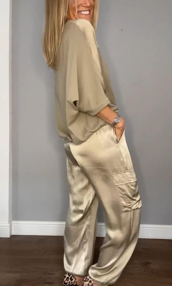 Casual set beige satin side view