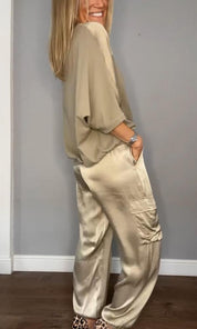 Casual set beige satin side view