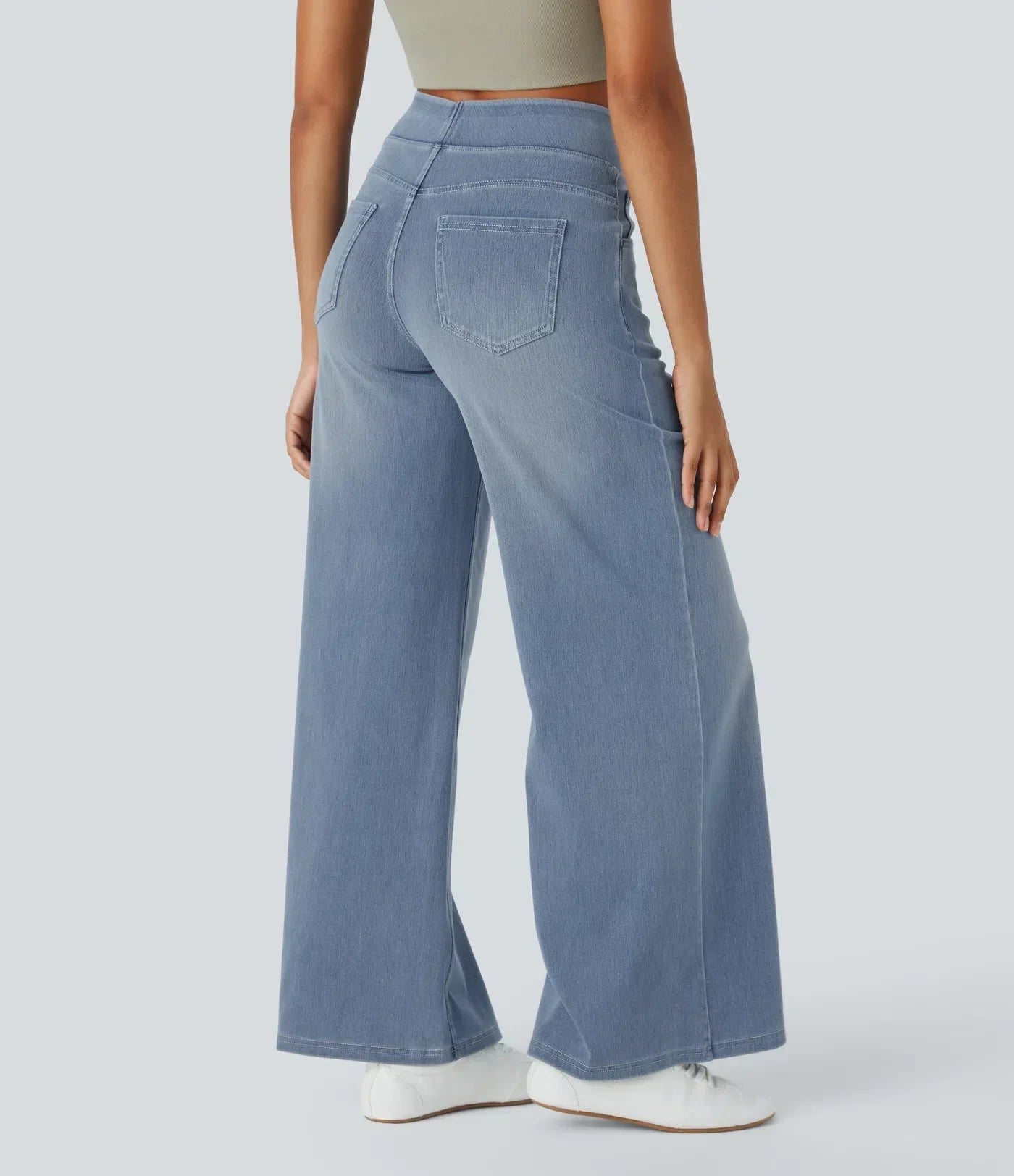 Wide-leg denim pants light blue full body back view