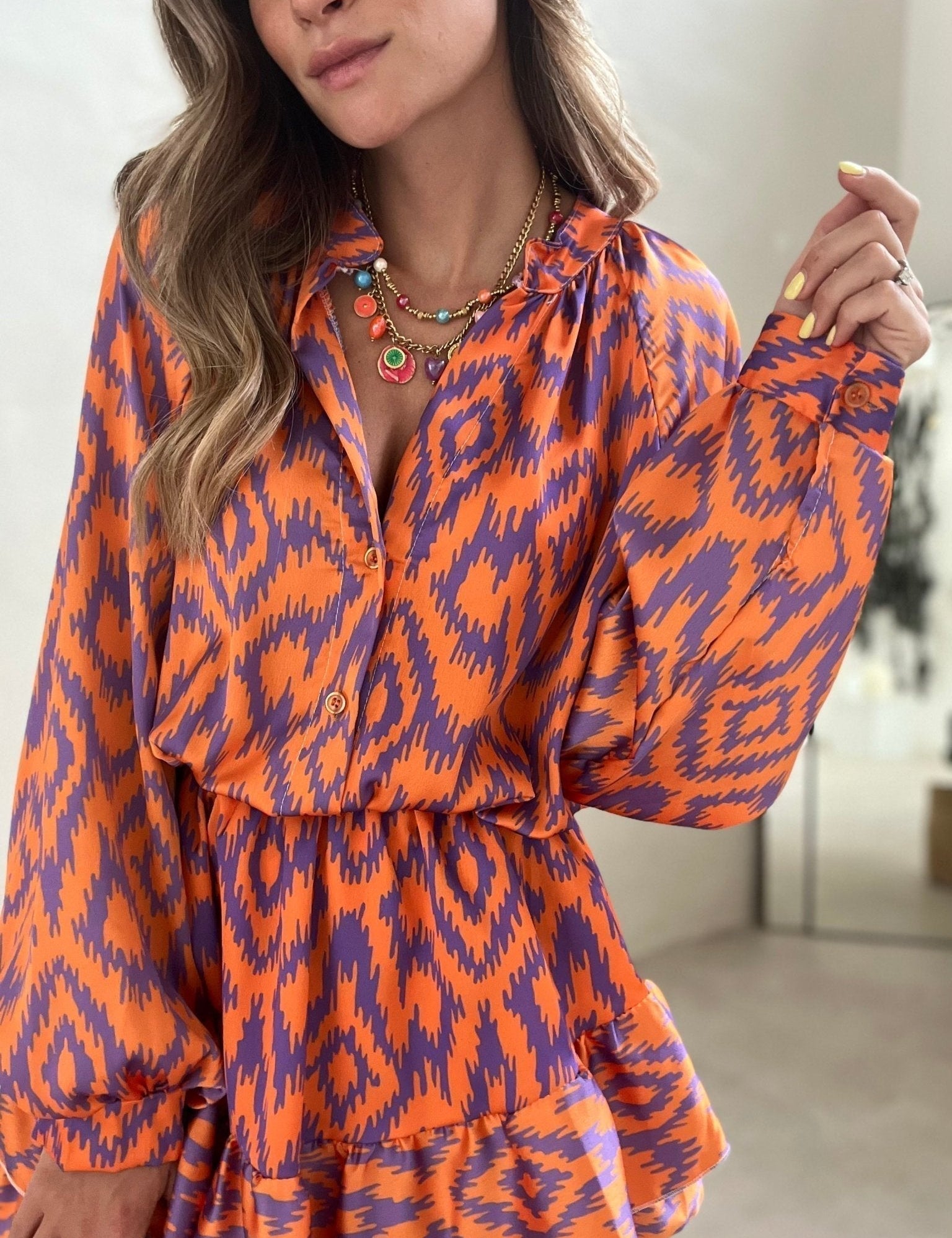 Orange and purple patterned summer dress front view