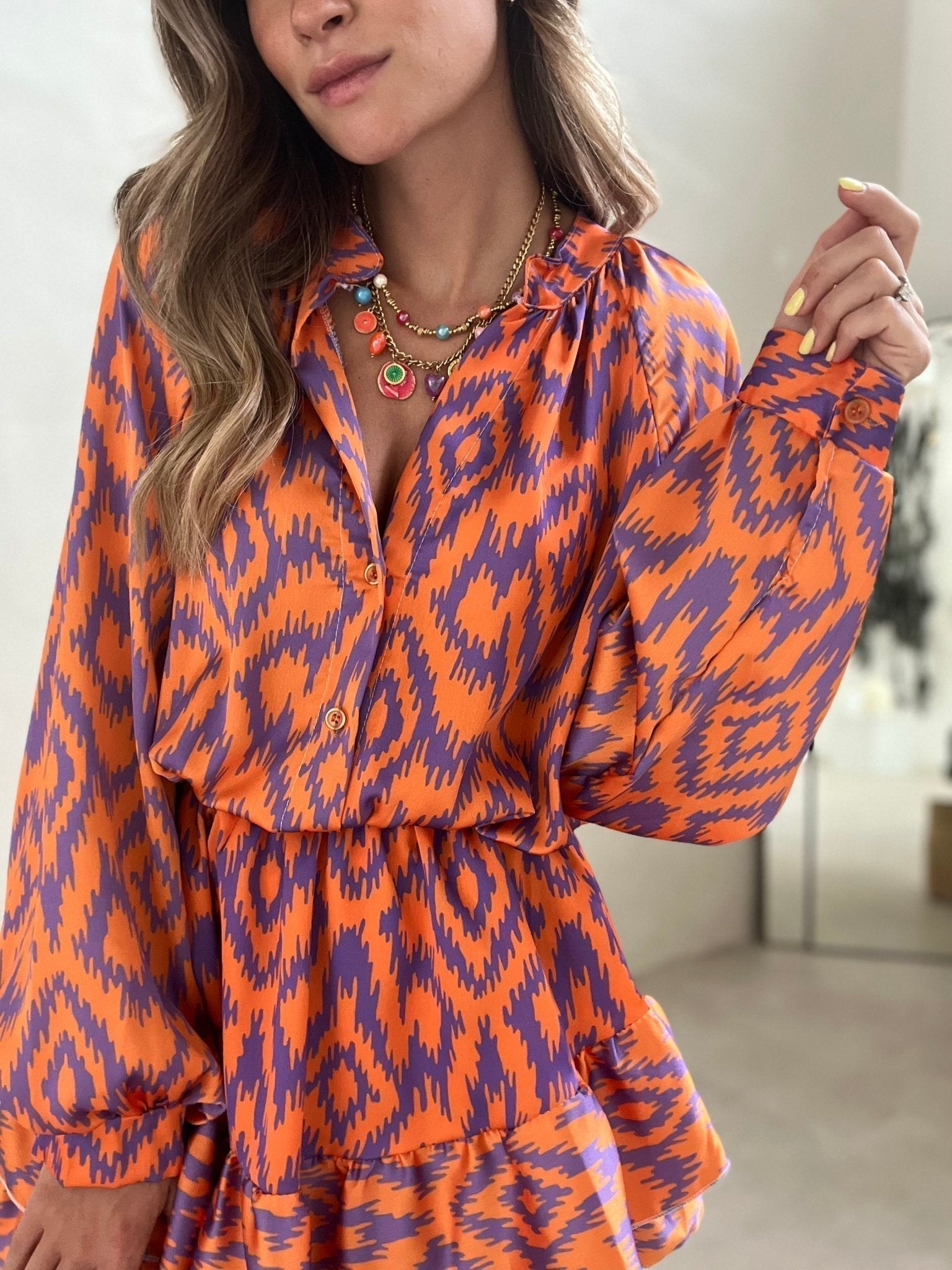 Orange and purple patterned summer dress front view