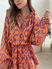 Orange and purple patterned summer dress front view