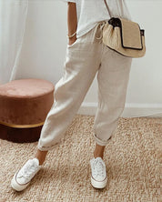 Laura | Pantalon van cotton en linnen in de kleur Beige voor dames in Formal stijl ideaal voor de herfst.