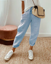 Laura | Pantalon van cotton en linnen in de kleur Blauw voor dames in Formal stijl ideaal voor de herfst.