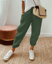 Laura | Pantalon van cotton en linnen in de kleur Groen voor dames in Formal stijl ideaal voor de herfst.