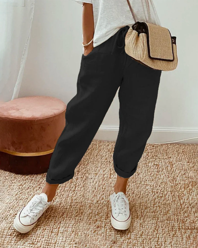 Laura | Pantalon van cotton en linnen in de kleur Zwart voor dames in Formal stijl ideaal voor de herfst.
