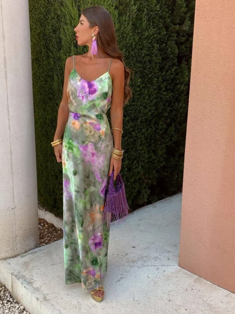 Maxi dress with floral print and spaghetti straps, side view