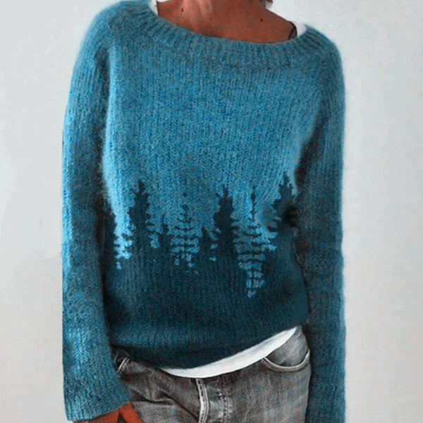 Wintertrui blauw met bospatroon rugzijde
