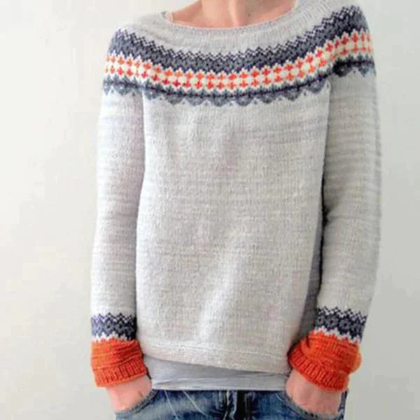 Trui met kleurrijke patroon en oranje accenten front view