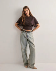 Brown crop top with dolman sleeves full body view