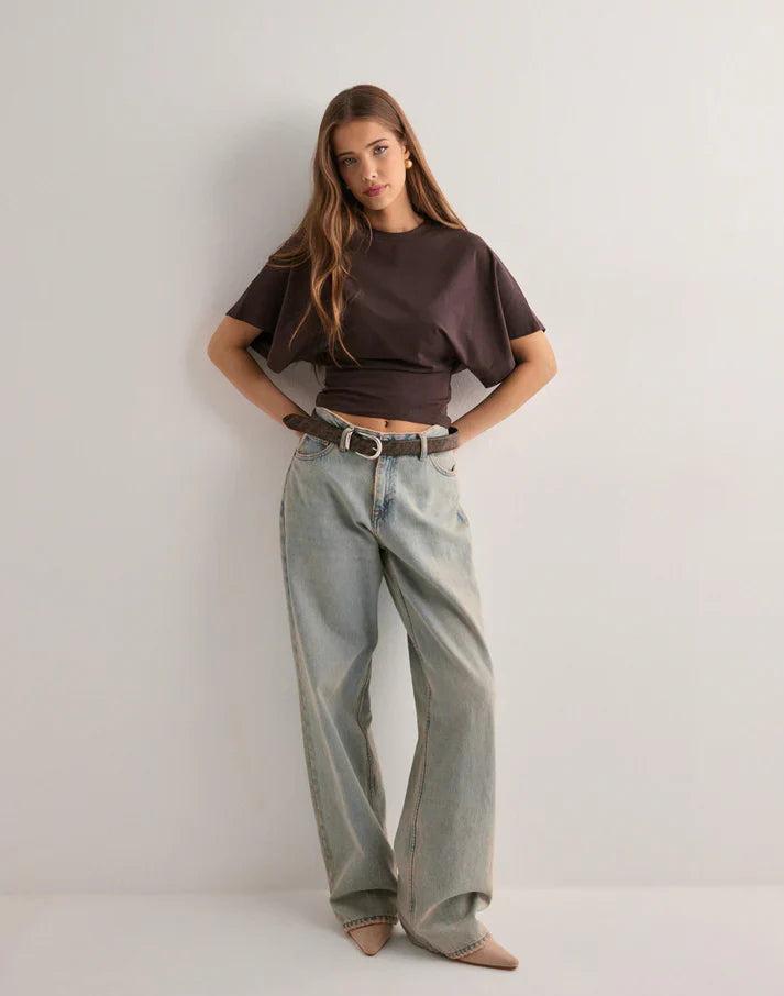 Brown crop top with dolman sleeves full body view
