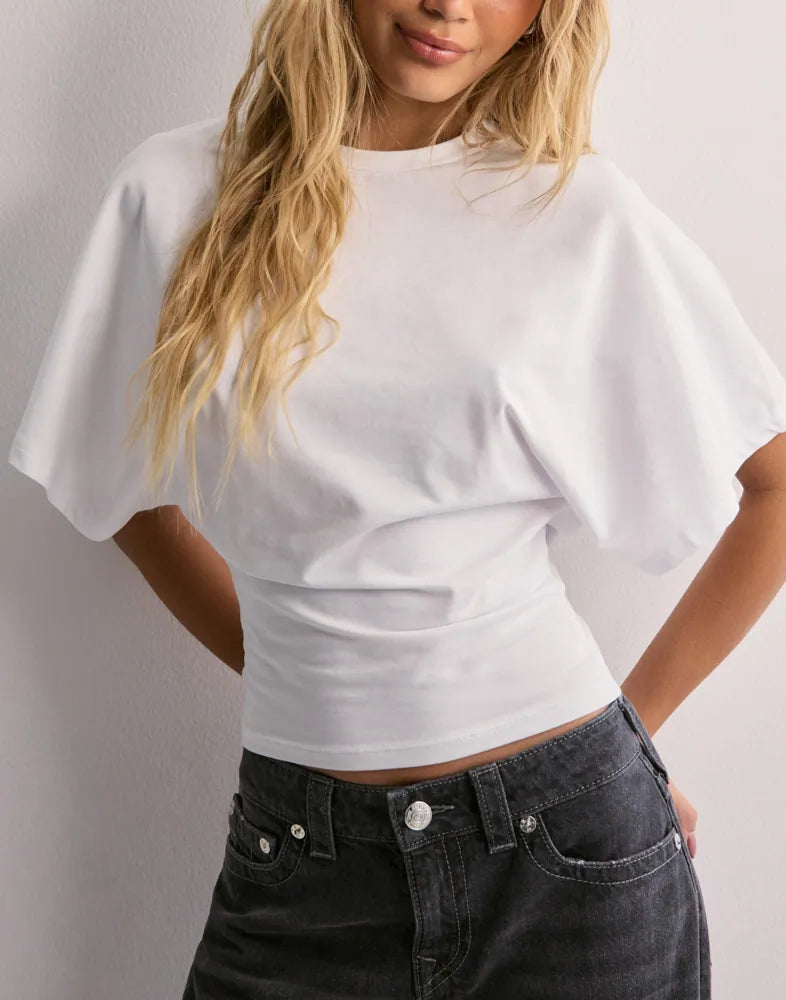 White crop top with dolman sleeves front view