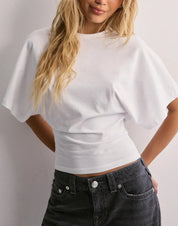 White crop top with dolman sleeves front view