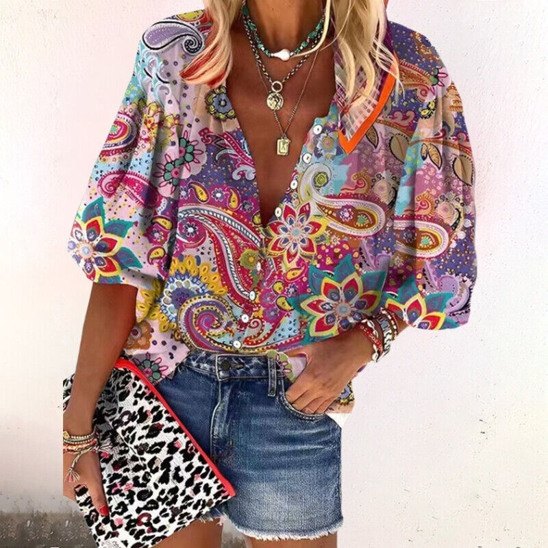Paisley blouse vibrant colors with bell sleeves and button front