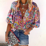 Paisley blouse vibrant colors with bell sleeves and button front